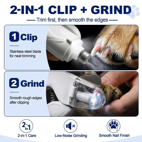 2-in-1 LED Pet Nail Clippers & Quiet Electric Grinder | USB-C Rechargeable Grooming Kit for Dogs & Cats